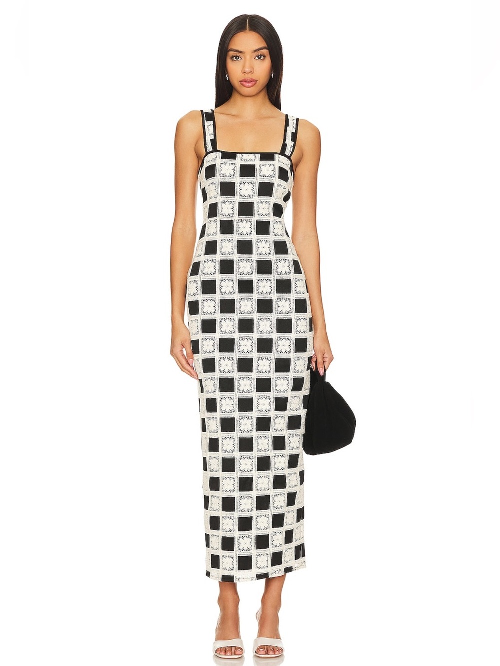 Tularosa Black and White Checkered Square-Neck Maxi Dress